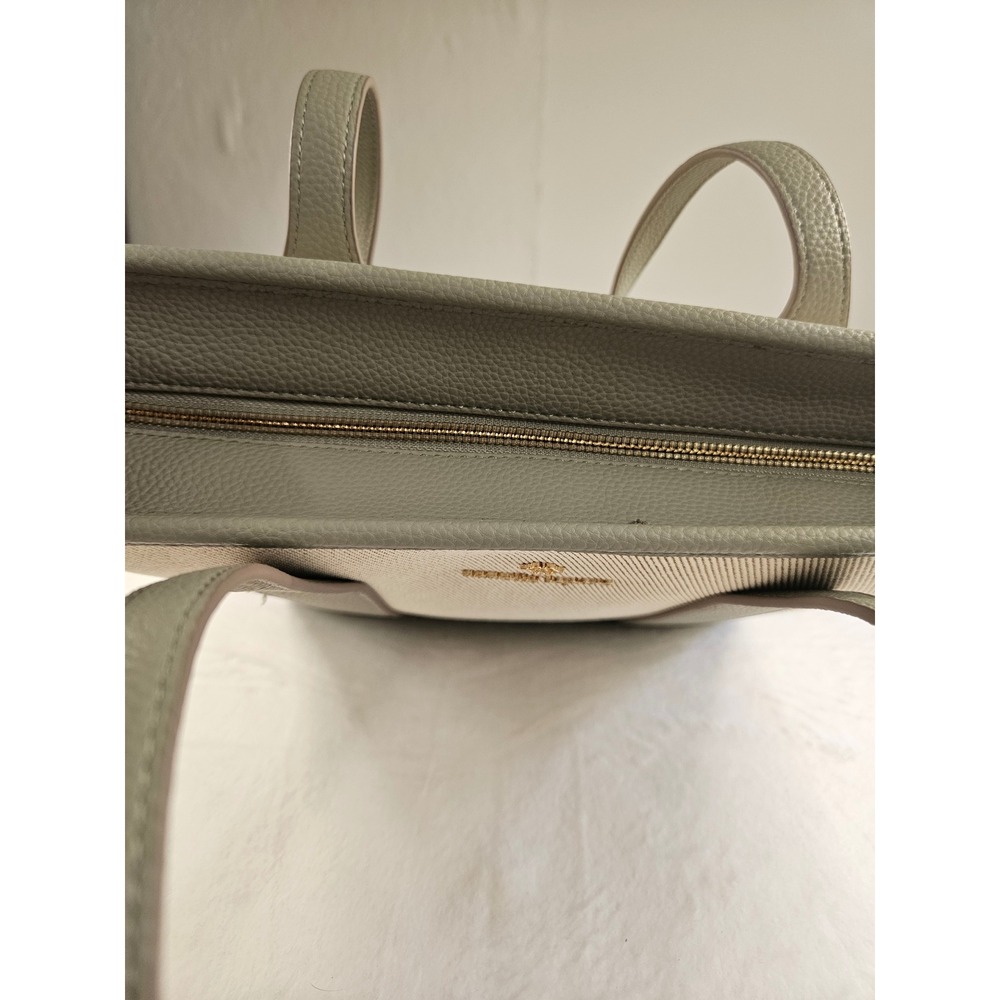 Nanette Lepore Canvas Tote Bag Sage Green Pebbled Trim Shoulder Bag Gold Hardwar - Picture 7 of 11